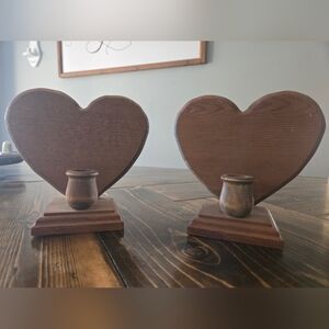 VTG Cottagecore Grandmacore Heart-Shaped Wooden Candle Holders Set